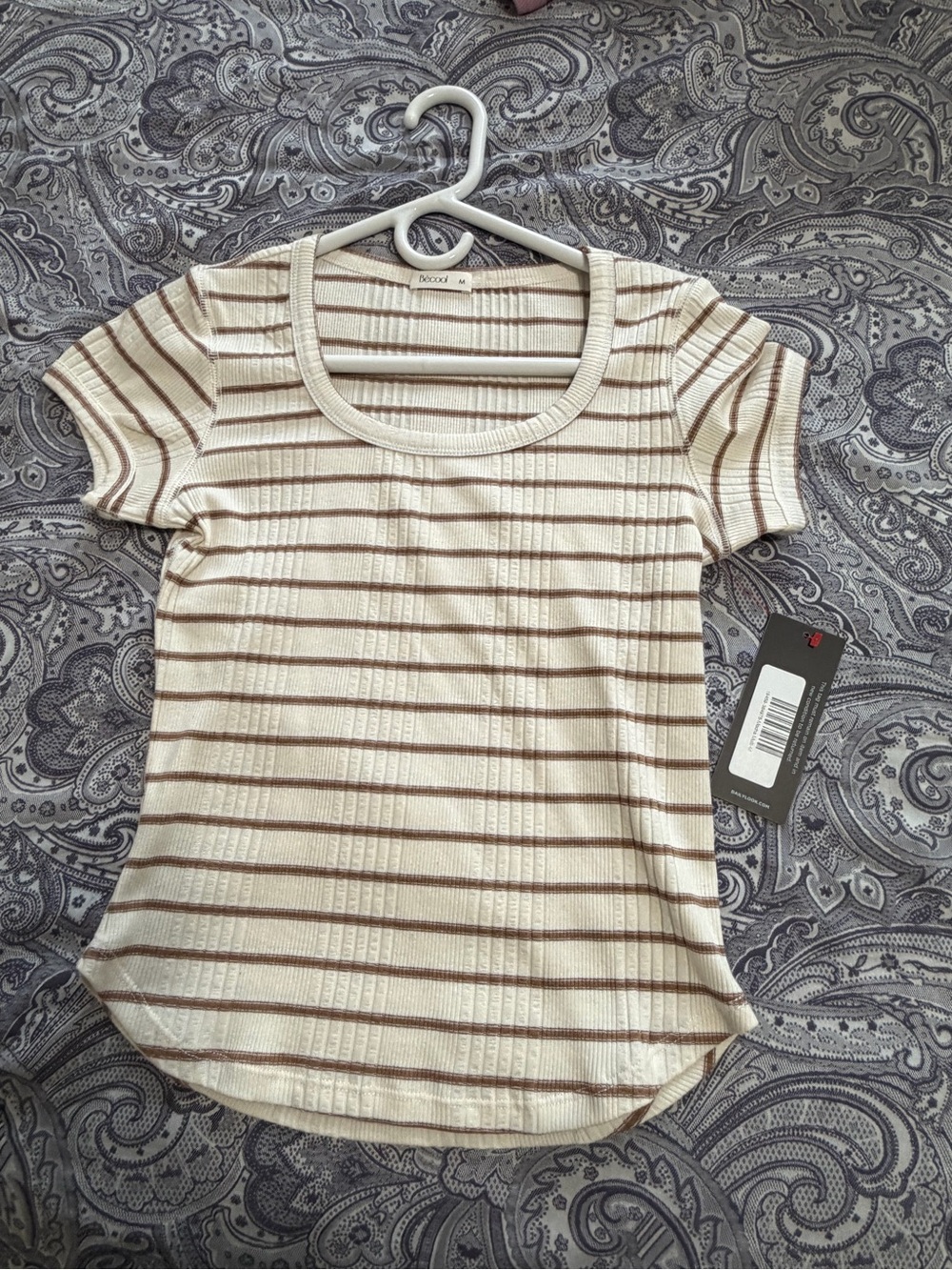 Becool Women's Cream Striped Short Sleeve Top